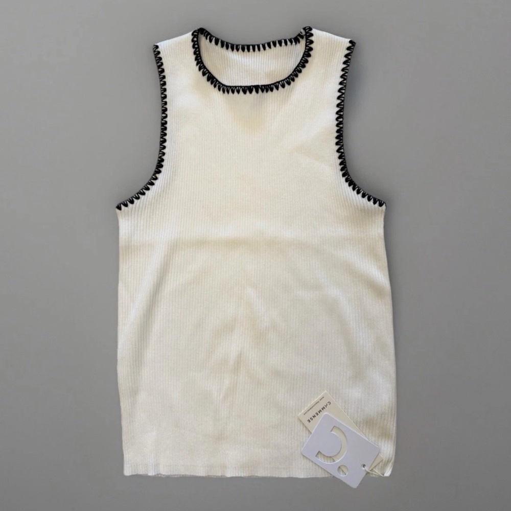 Commense Ribbed Knit Tank Top Sz L Contrast Yarn Trim White Shirt Capsule New